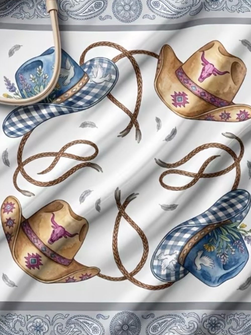 Western Cowboy Hats, Silky Scarf in Cream, Blue and Tan Print